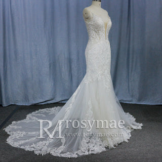 Plunging V-Neck Backless Lace Spaghetti Straps Mermaid Wedding Dress - Rosymae