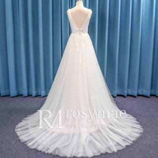 Plunging V-neck Lace and Tulle A-line Wedding Dress Low Back - Rosymae