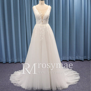 Plunging V-neck Lace and Tulle A-line Wedding Dress Low Back - Rosymae