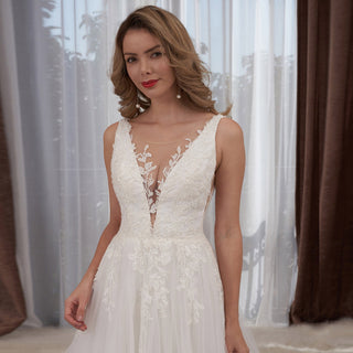 Plunging V-neck Lace and Tulle A-line Wedding Dress Low Back - Rosymae