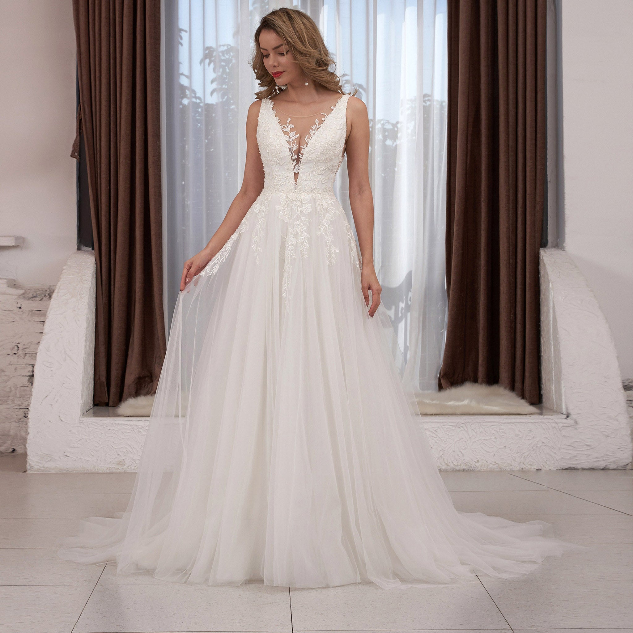 Plunging V-neck Lace and Tulle A-line Wedding Dress Low Back - Rosymae