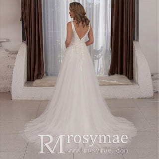 Plunging V-neck Lace and Tulle A-line Wedding Dress Low Back - Rosymae