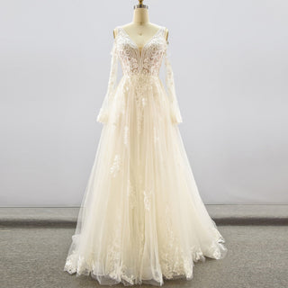 Plunging V Neck Off-The-Shoulder Wedding Dress with Long Sleeve - Rosymae