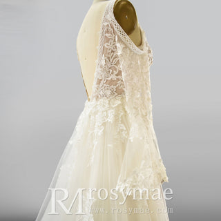 Plunging V Neck Off-The-Shoulder Wedding Dress with Long Sleeve - Rosymae