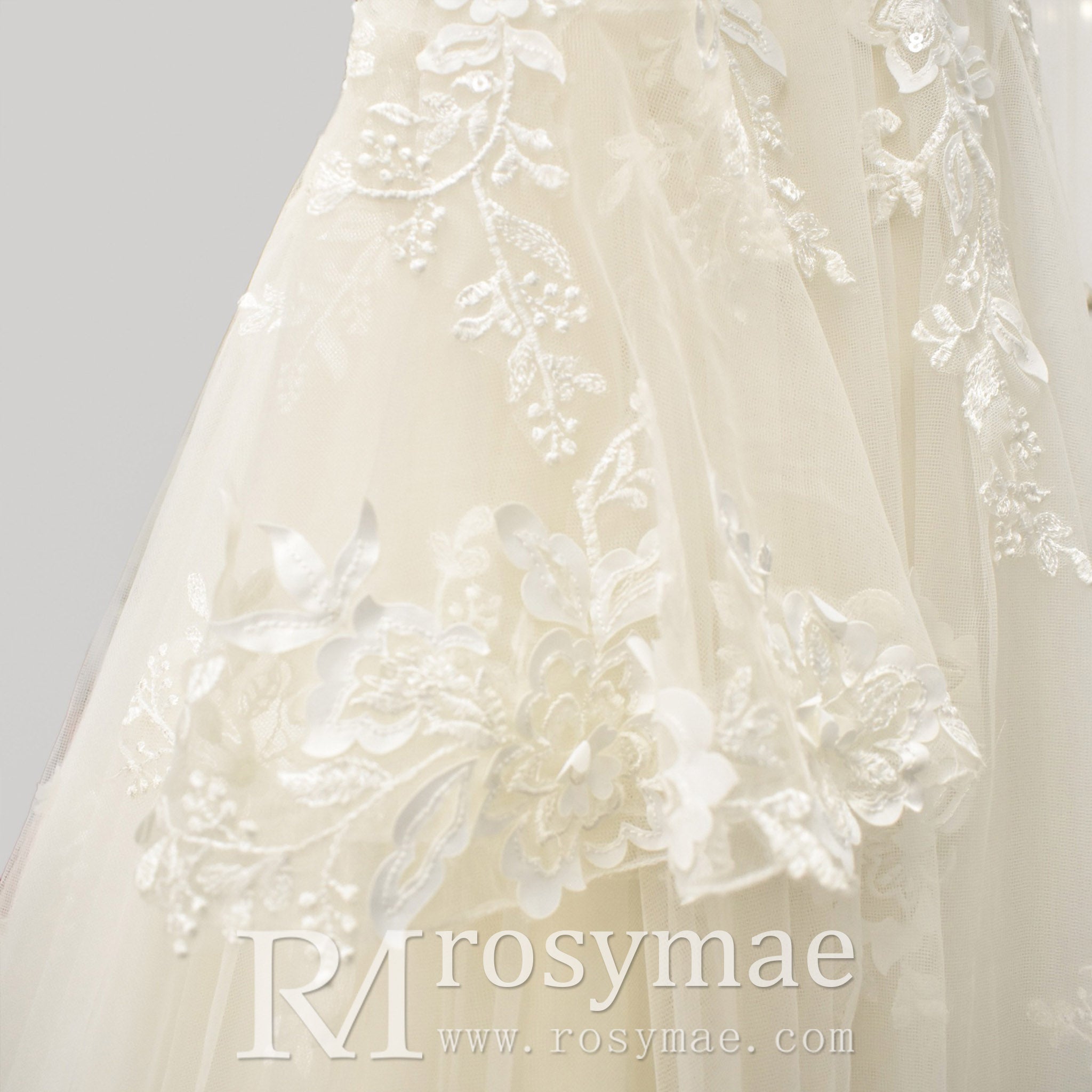 Plunging V Neck Off-The-Shoulder Wedding Dress with Long Sleeve - Rosymae