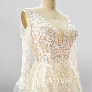 Plunging V Neck Off-The-Shoulder Wedding Dress with Long Sleeve - Rosymae