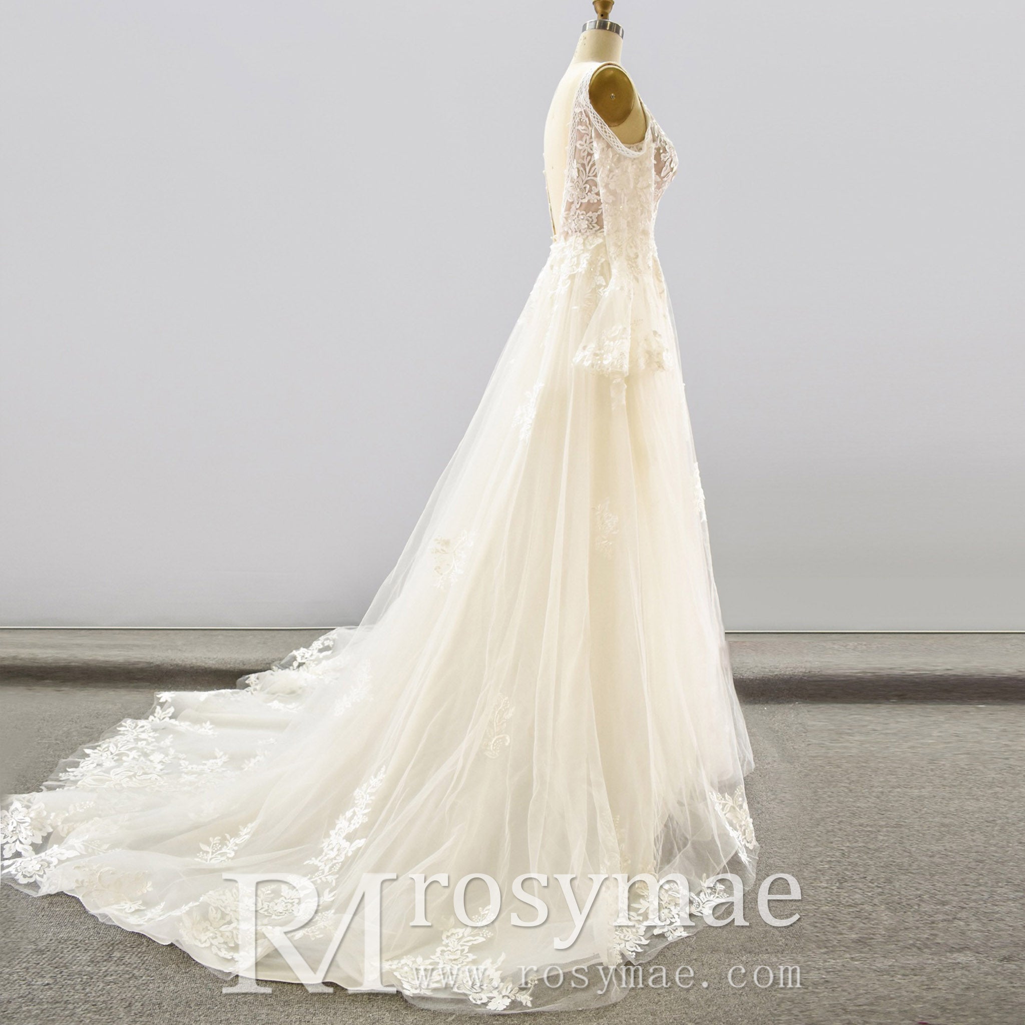 Plunging V Neck Off-The-Shoulder Wedding Dress with Long Sleeve - Rosymae