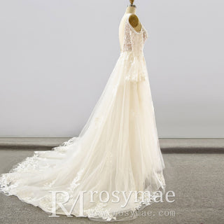 Plunging V Neck Off-The-Shoulder Wedding Dress with Long Sleeve - Rosymae