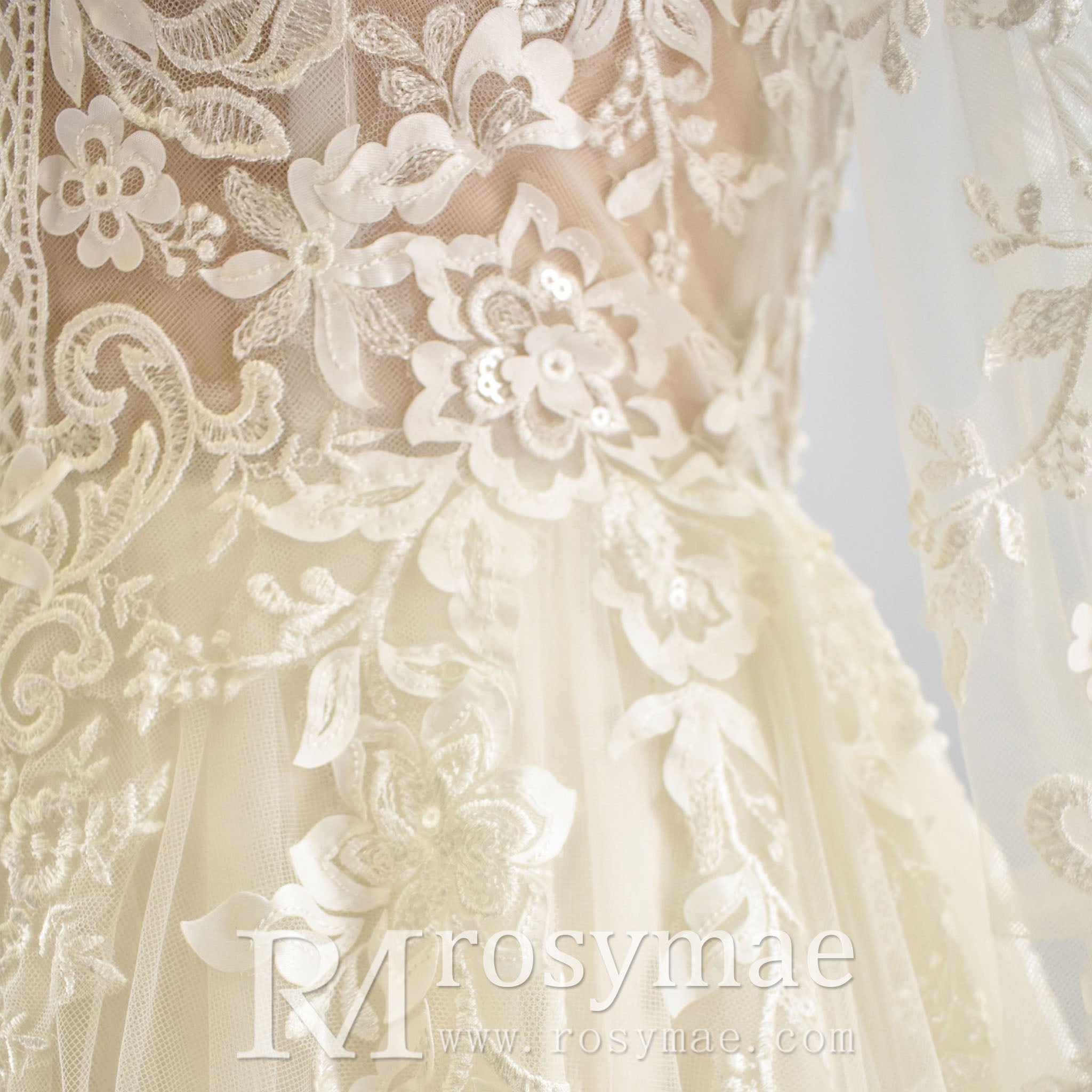 Plunging V Neck Off-The-Shoulder Wedding Dress with Long Sleeve - Rosymae