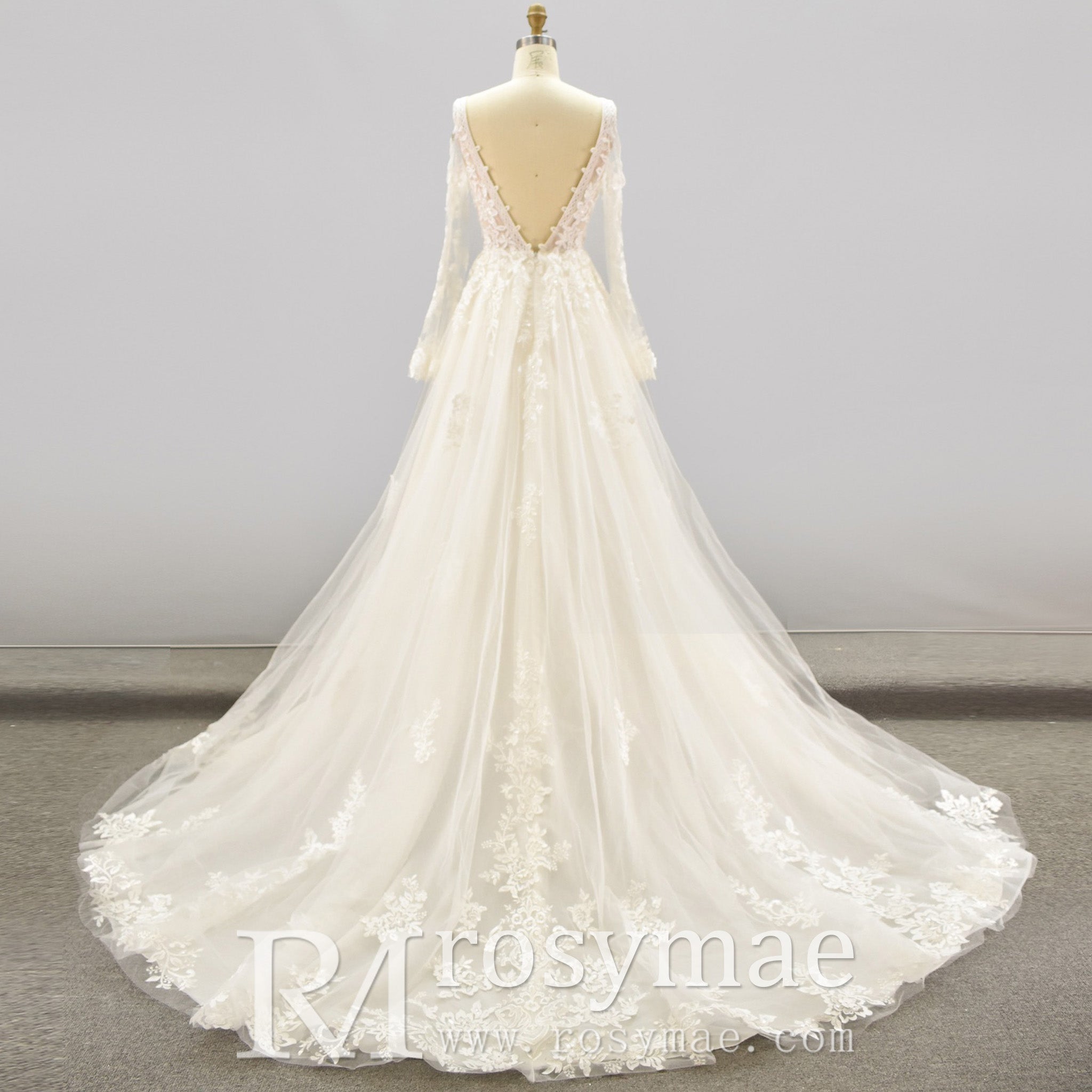 Plunging V Neck Off-The-Shoulder Wedding Dress with Long Sleeve - Rosymae