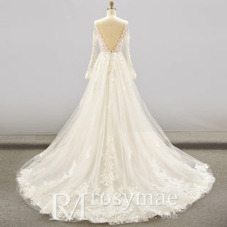 Plunging V Neck Off-The-Shoulder Wedding Dress with Long Sleeve - Rosymae