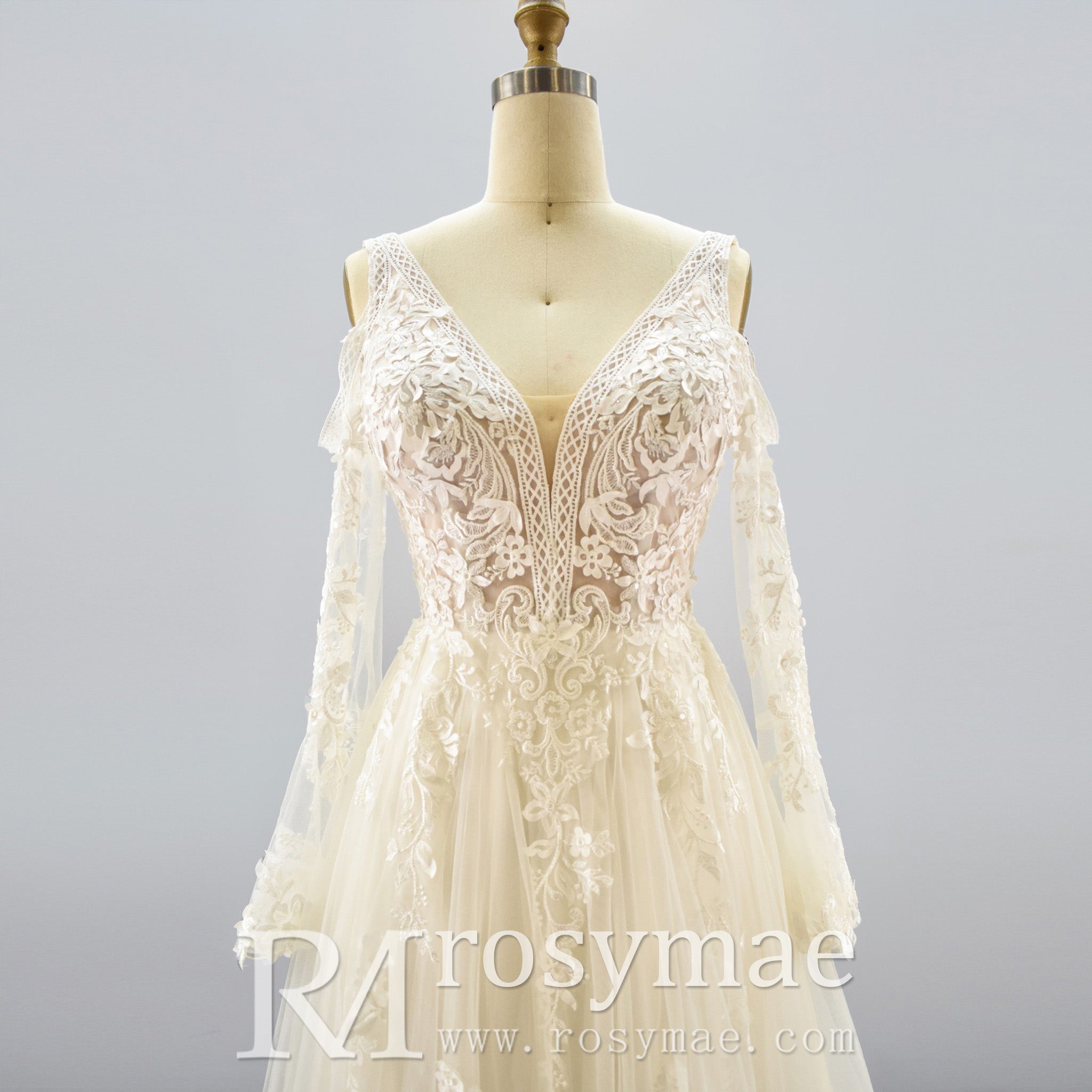 Plunging V Neck Off-The-Shoulder Wedding Dress with Long Sleeve - Rosymae