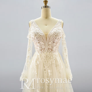 Plunging V Neck Off-The-Shoulder Wedding Dress with Long Sleeve - Rosymae