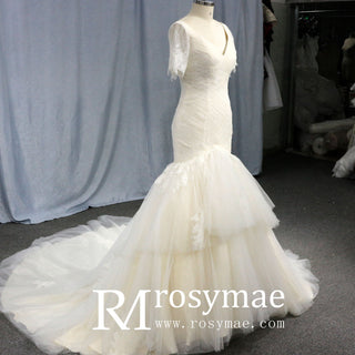 Plunging V Neck Short Sleeve Trumpet Wedding Dress Bridal Gown - Rosymae