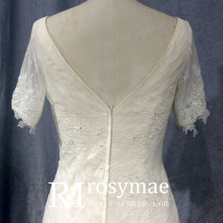 Plunging V Neck Short Sleeve Trumpet Wedding Dress Bridal Gown - Rosymae