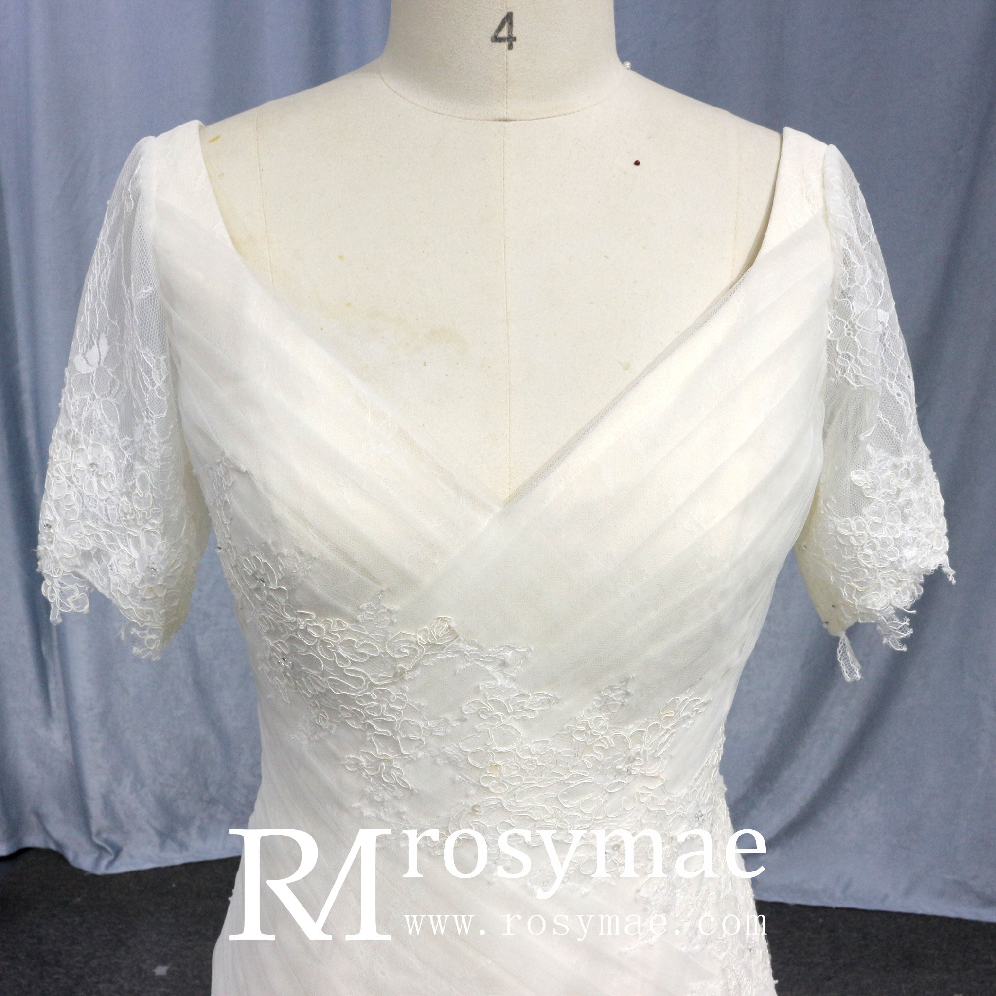 Plunging V Neck Short Sleeve Trumpet Wedding Dress Bridal Gown - Rosymae