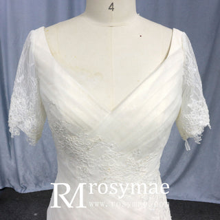 Plunging V Neck Short Sleeve Trumpet Wedding Dress Bridal Gown - Rosymae