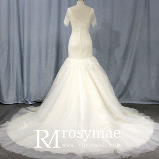 Plunging V Neck Short Sleeve Trumpet Wedding Dress Bridal Gown - Rosymae