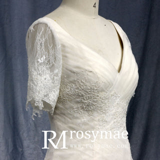 Plunging V Neck Short Sleeve Trumpet Wedding Dress Bridal Gown - Rosymae