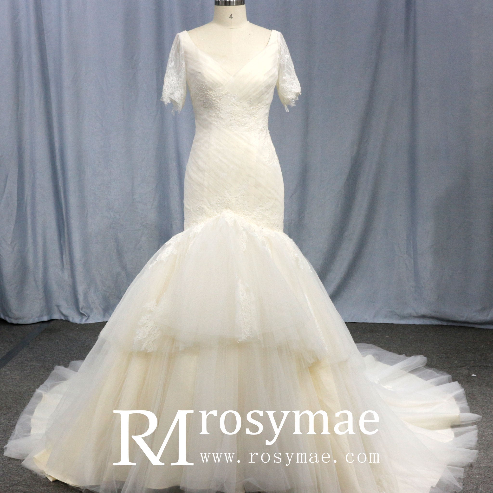 Plunging V Neck Short Sleeve Trumpet Wedding Dress Bridal Gown - Rosymae