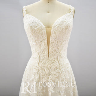 Plunging V Neck Wedding Dress with Tulle and Lace - Rosymae