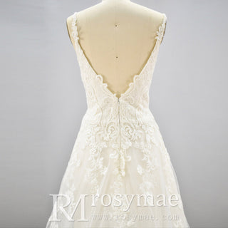 Plunging V Neck Wedding Dress with Tulle and Lace - Rosymae