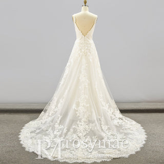 Plunging V Neck Wedding Dress with Tulle and Lace - Rosymae