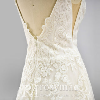 Plunging V Neck Wedding Dress with Tulle and Lace - Rosymae