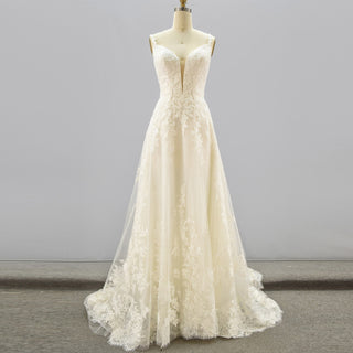 Plunging V Neck Wedding Dress with Tulle and Lace - Rosymae