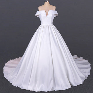 Plunging V Off The Shoulder Ball Gown Satin Bridal Gowns - Rosymae