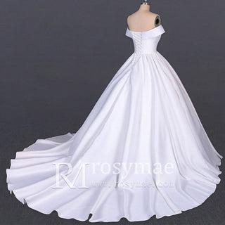 Plunging V Off The Shoulder Ball Gown Satin Bridal Gowns - Rosymae