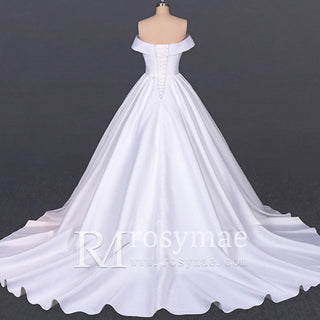 Plunging V Off The Shoulder Ball Gown Satin Bridal Gowns - Rosymae
