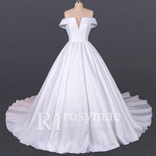 Plunging V Off The Shoulder Ball Gown Satin Bridal Gowns - Rosymae