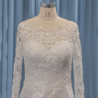 Long Sleeve Sheer Lace and Satin Bridal Gowns Wedding Dresses
