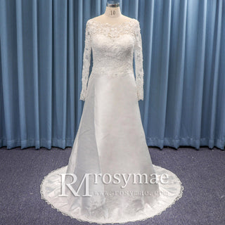 Long Sleeve Sheer Lace and Satin Bridal Gowns Wedding Dresses