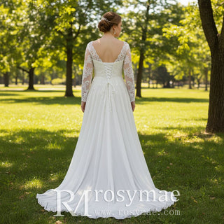 Plus Size A-Line Lace & Chiffon Long Sleeve Wedding Dress - Rosymae