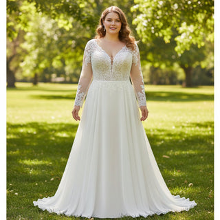 Plus Size A-Line Lace & Chiffon Long Sleeve Wedding Dress - Rosymae