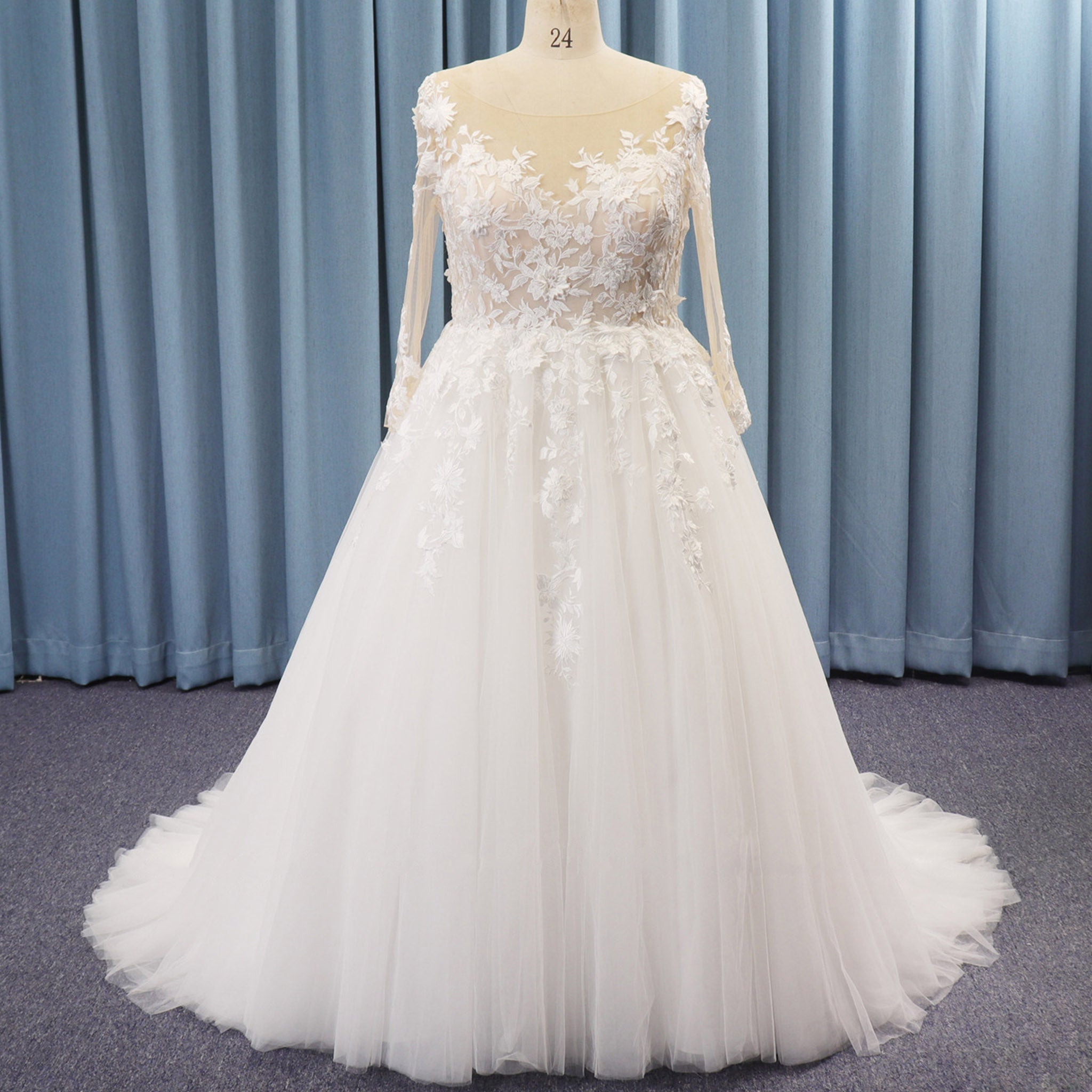 Plus Size A-Line Tulle Lace Long Sleeve Wedding Dress - Rosymae