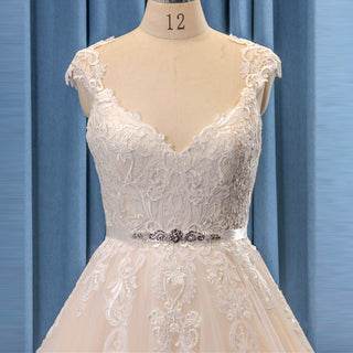 Cap Sleeve Champagne Lace Tulle A-line Wedding Dress Sheer Back