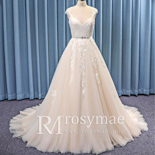 Cap Sleeve Champagne Lace Tulle A-line Wedding Dress Sheer Back