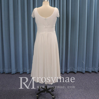 Tea Length Cap Sleeve Chiffon Plus Size Beach Wedding Dress