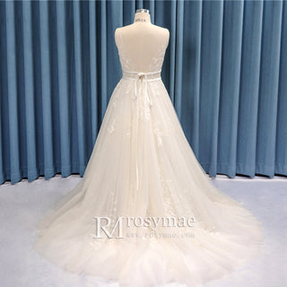 Romantic Bohemian Plus Size Wedding Dress with Deep V-neck