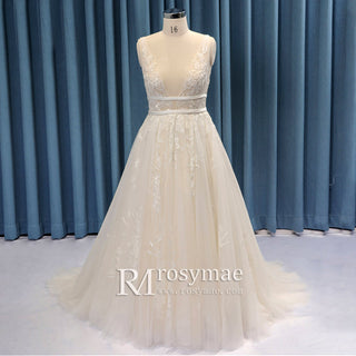 Romantic Bohemian Plus Size Wedding Dress with Deep V-neck