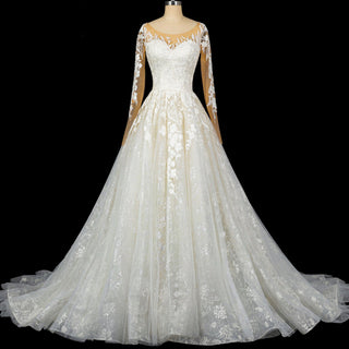 Princess Lace Ball Gown Wedding Dress Illusion Long Sleeve - Rosymae