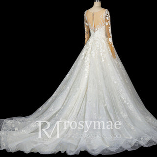 Princess Lace Ball Gown Wedding Dress Illusion Long Sleeve - Rosymae