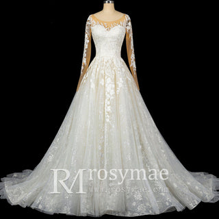 Princess Lace Ball Gown Wedding Dress Illusion Long Sleeve - Rosymae