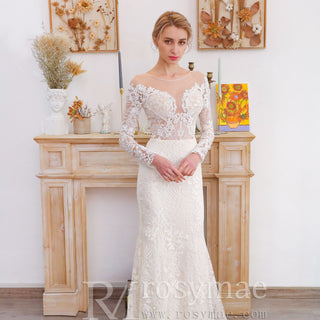 Princess Long Sleeve Mermaid Wedding Dress with Long Train - Rosymae