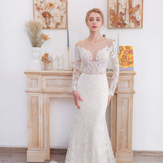 Princess Long Sleeve Mermaid Wedding Dress with Long Train - Rosymae