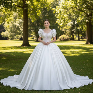 Princess Short Sleeve Ball Gown Satin Wedding Dress Bridal Gown - Rosymae