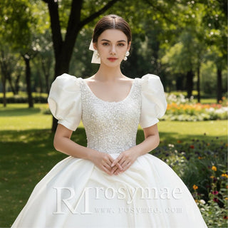Princess Short Sleeve Ball Gown Satin Wedding Dress Bridal Gown - Rosymae